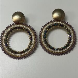 Beaded Hoop Drop Earrings - Gold and Lavender